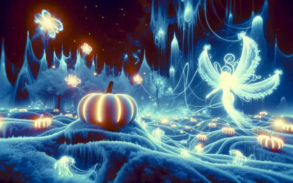A captivating 4K Ultra HD wallpaper featuring an ethereal landscape with glowing pumpkins, luminescent flora, and a delicate fairy, all under a starry night sky.