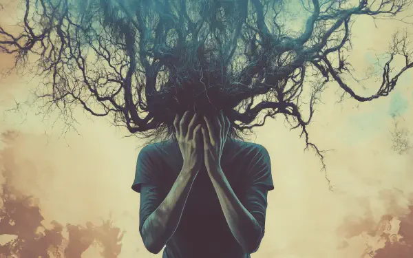 A surreal image depicting a figure with hands on their head, overwhelmed by a chaotic, branching tree-like mass, symbolizing stress. This 4K Ultra HD wallpaper captures intense emotions.