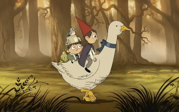 A whimsical scene from the TV show *Over the Garden Wall*, featuring two characters riding a large duck through a mystical forest, surrounded by enchanting autumn trees.