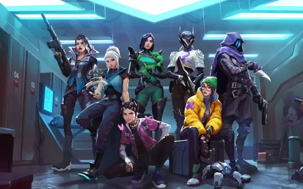 HD PC desktop wallpaper featuring the full cast of Valorant agents in a futuristic, neon-lit setting from the popular video game Valorant.