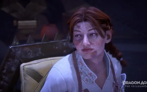 A close-up of a character from Dragon Age: The Veilguard, featuring a detailed facial expression against a richly designed background. This image serves as a striking 4K Ultra HD wallpaper.