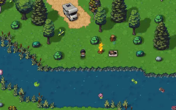 HD desktop wallpaper of Streets of Rogue 2 video game featuring a pixel art scene with a river, trees, a campfire, and a character standing by the water.
