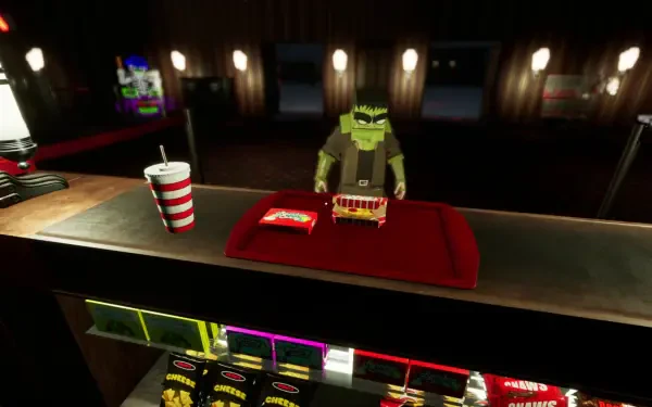 A vibrant HD wallpaper from the video game Massacre At The Mirage, featuring a character at a concession stand with snacks and drinks in a lively arcade setting.