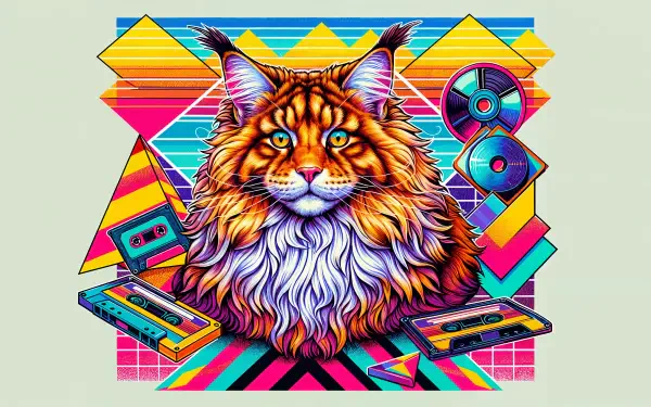 A vibrant, stylized illustration of a Maine Coon cat, featuring bold colors and geometric patterns, combined with retro cassette tapes and CDs, designed as a 4K Ultra HD desktop wallpaper.