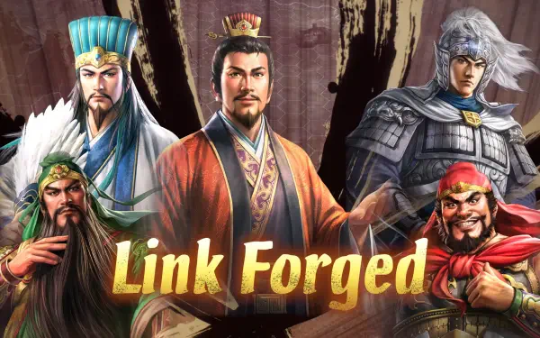 A high-definition desktop wallpaper featuring characters from the video game Romance of the Three Kingdoms 8 (Remake), with the title Link Forged prominently displayed.