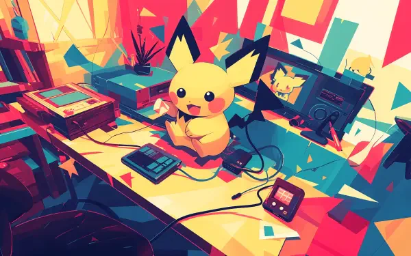A vibrant 4K Ultra HD wallpaper featuring Pichu from Pokémon, playfully sitting at a colorful desk surrounded by gaming devices and decorations.