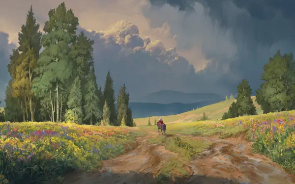 Artistic 4K Ultra HD wallpaper depicting a rider on horseback crossing a vibrant field beneath a dramatic sky, blending nature and motion in a serene landscape.