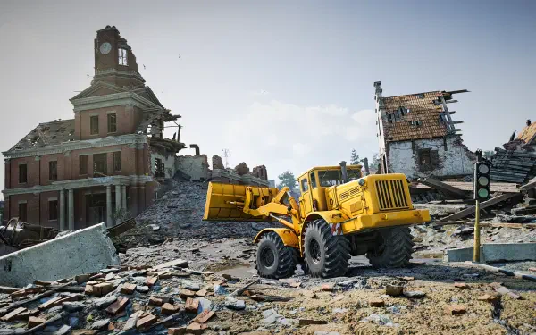 A vibrant HD desktop wallpaper from the video game RoadCraft, showcasing a yellow construction vehicle amidst the ruins of a demolished building under a clear sky.