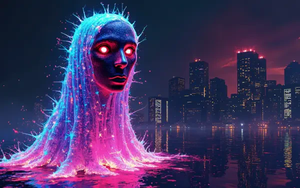 Neon fantasy digital art of a glowing ghost with red eyes and cascading blue-pink light spilling into water, reflected against a neon cityscape — 5K Ultra HD PC desktop wallpaper and background.