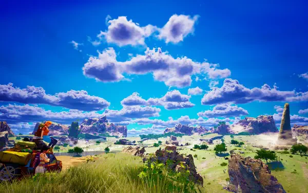 A vibrant HD PC desktop wallpaper featuring a stunning landscape from the video game Albatroz, showcasing lush greenery, rocky formations, and a bright blue sky dotted with clouds.