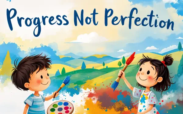 A joyful illustration of two children painting outdoors, surrounded by a vibrant landscape, with the text Progress Not Perfection prominently displayed. 4K Ultra HD wallpaper.