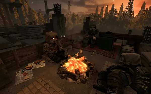 A serene moment in STALCRAFT: X, showcasing characters gathered around a campfire at dusk, surrounded by an industrial landscape under a vibrant sky, captured in 4K Ultra HD.