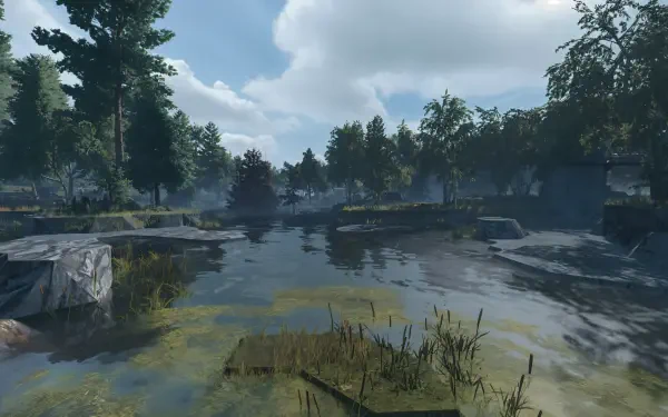 A serene landscape from the video game STALCRAFT: X, showcasing a tranquil water body surrounded by lush greenery and soft sunlight, rendered in stunning 4K Ultra HD.