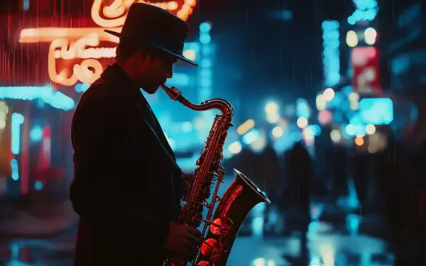 A jazz musician plays the saxophone under glowing neon lights, creating a moody atmosphere. This 4K Ultra HD wallpaper captures the essence of a vibrant night scene.