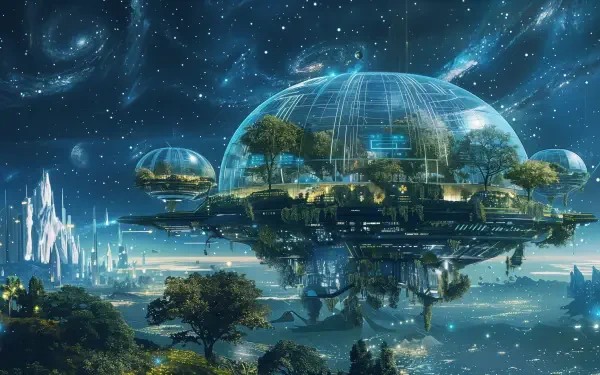 A stunning 4K Ultra HD sci-fi scene featuring a floating city amidst a starry cosmos, complete with lush greenery and futuristic architecture.