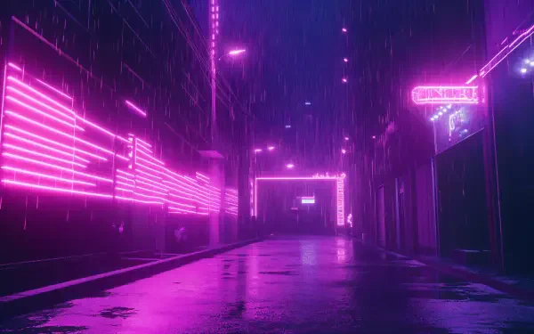 A vibrant alley illuminated by pink neon lights, reflecting on wet pavement, creates a captivating and immersive atmosphere in this 4K Ultra HD desktop wallpaper.