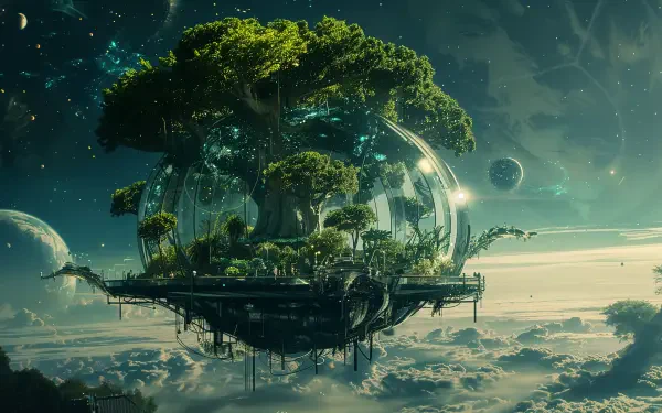 A stunning 4K Ultra HD wallpaper of a floating city, featuring lush greenery encased in a transparent dome, set against a starry sci-fi backdrop with distant planets.