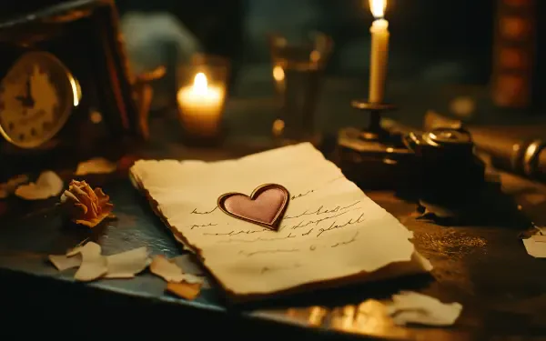 A serene love letter rests on a dimly lit table, accompanied by candles and delicate petals, creating an intimate atmosphere. 4K Ultra HD desktop wallpaper and background.