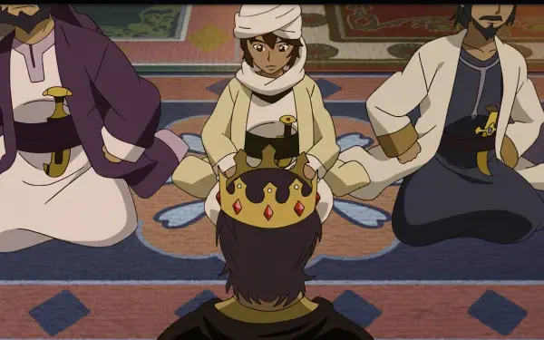 Anime scene from Future Folktales showing a character placing a crown on another seated figure, featured as an HD PC desktop wallpaper and background.