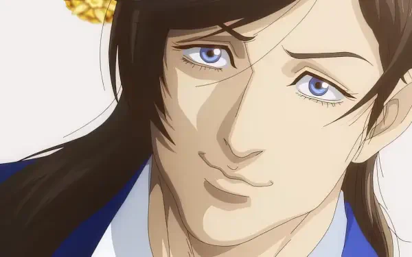A close-up of a character from the anime Trillion Game, featuring striking blue eyes and a confident expression, serving as an engaging HD PC desktop wallpaper and background.