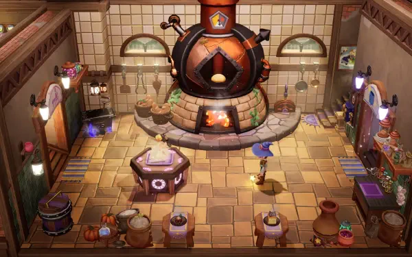 A cozy and colorful bakery interior from the video game Magical Bakery, featuring a large cooking pot, various ingredients, and charming decoration, set in a vibrant fantasy world.