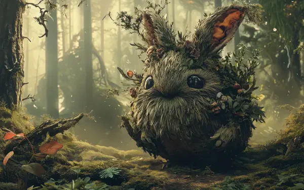 A whimsical woodland creature with fluffy fur and large eyes sits amidst lush greenery in a serene forest, captured in stunning 4K Ultra HD detail for a magical atmosphere.