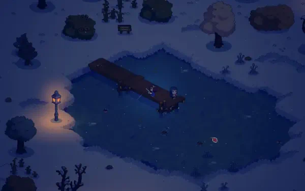 A serene winter scene from the video game Everholm, featuring a dock over a frozen pond illuminated by a lamppost, surrounded by trees and snow-covered ground.