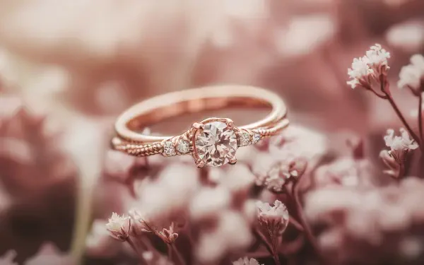 A stunning rose gold ring adorned with a sparkling center stone, nestled among delicate pink flowers, captured in beautiful 4K Ultra HD for a captivating desktop wallpaper.