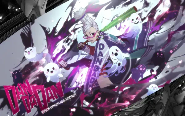 Anime-style 4K Ultra HD desktop wallpaper featuring Seiko Ayase from Dandadan, surrounded by ghostly figures and dynamic energy effects.