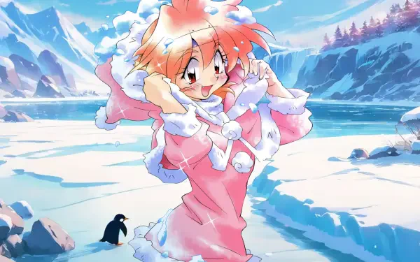 Anime HD desktop wallpaper featuring a cheerful Slayers character dressed in winter attire, set against a snowy landscape with mountains and a penguin nearby.