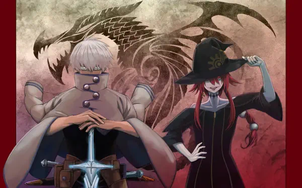 Anime-themed HD wallpaper featuring Ragna and Crimson from Ragna Crimson, showcasing a dramatic background with a dragon motif and characters poised for action.