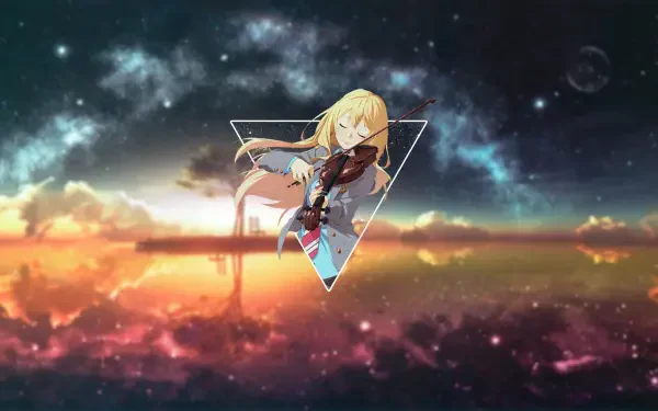 An HD desktop wallpaper featuring Kaori Miyazono from Your Lie in April, set against a cosmic background blending vibrant colors and dreamy clouds.