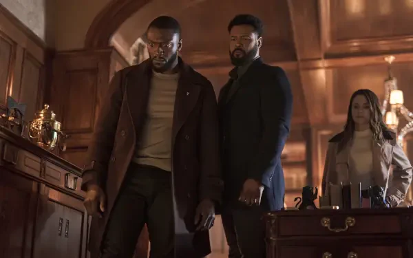 Aldis Hodge and Isaiah Mustafa stand confidently in a richly detailed office setting from the TV show Cross (2024), creating a captivating background for any device.