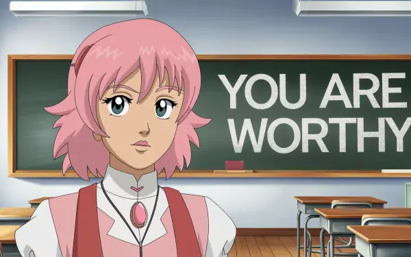 A digital artwork featuring an animated character with pink hair in a classroom setting, prominently displaying the phrase YOU ARE WORTHY on a chalkboard. Ideal as a 4K Ultra HD wallpaper.