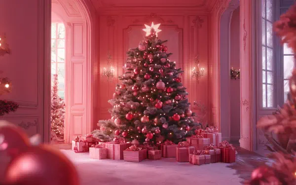 A beautifully decorated pink Christmas tree sits surrounded by gift boxes in an elegant room, captured in stunning 4K Ultra HD.