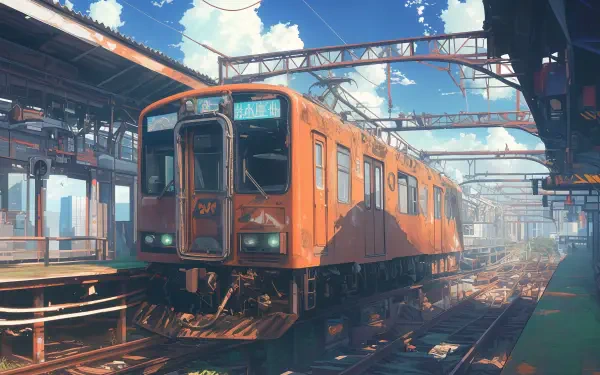 A vibrant anime scene featuring an orange train at a bustling station under a bright blue sky, showcasing detailed artwork in 4K Ultra HD resolution for desktop wallpaper.