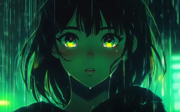 An anime girl with striking green eyes stands under a rain-soaked atmosphere, radiating emotion in this 4K Ultra HD wallpaper. Perfect for an immersive desktop background.