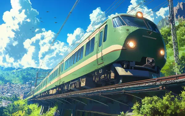 A vibrant anime train travels along elevated tracks, surrounded by lush greenery and bright blue skies, captured in stunning 4K Ultra HD for an immersive desktop wallpaper.