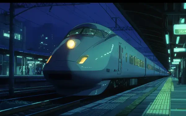 A visually striking 4K Ultra HD anime image of a sleek train at a station, illuminated at night, capturing the essence of modern anime aesthetics.
