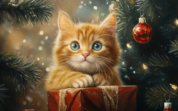 A charming orange kitten with bright blue eyes sits atop a red gift box, surrounded by festive decorations and Christmas trees, creating a cozy holiday atmosphere in this 4K Ultra HD wallpaper.