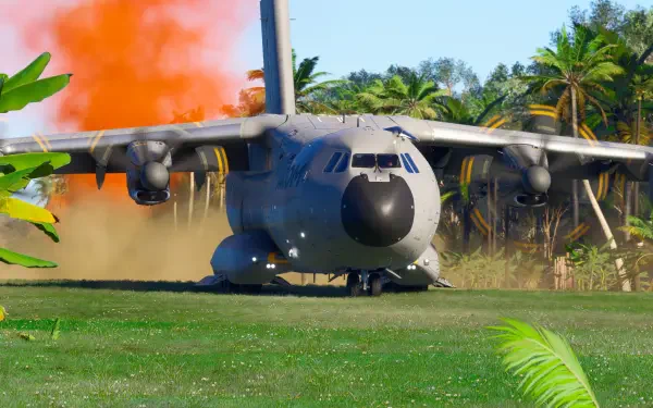 A stunning 4K Ultra HD image from Microsoft Flight Simulator 2024, showcasing a military aircraft landing amidst vibrant orange smoke in a tropical landscape.