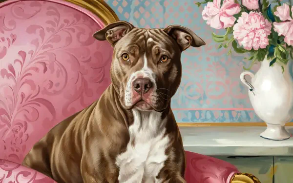 A beautifully rendered pitbull sits elegantly on a pink chair, surrounded by delicate flowers, making for an impressive 4K Ultra HD PC desktop wallpaper and background.