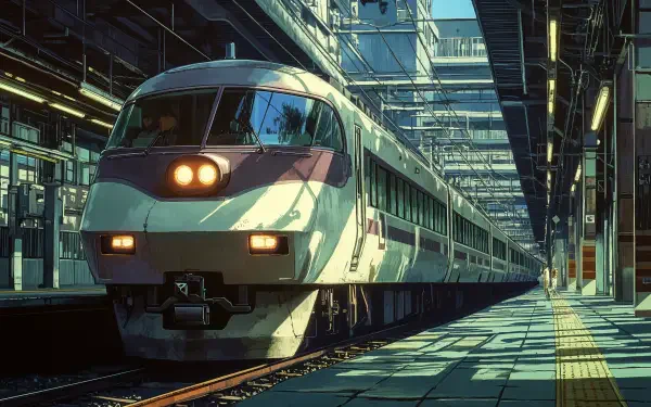 A sleek anime train awaits departure in a vibrant station, featuring intricate shadows and light, perfect for a 4K Ultra HD PC desktop wallpaper or background.
