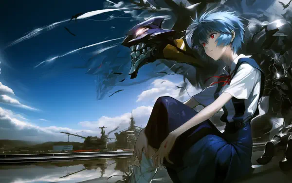 A stunning HD wallpaper featuring Rei Ayanami from Neon Genesis Evangelion, portraying her serene expression against a dramatic background of machinery and a vivid sky.