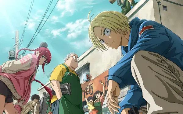 HD PC desktop wallpaper featuring characters from the anime Sakamoto Days in a vibrant street scene under a bright blue sky.