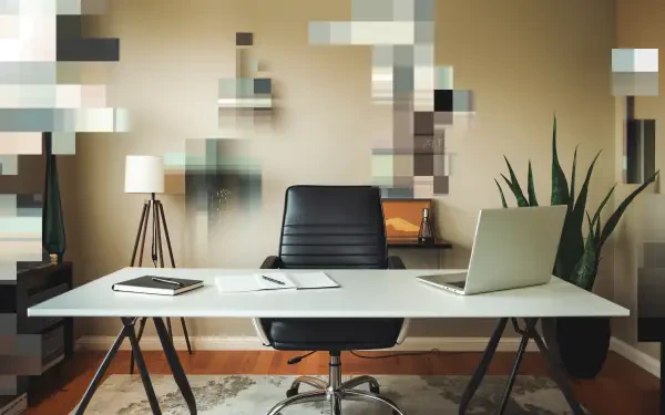 A modern home office scene featuring a sleek desk, ergonomic chair, laptop, notebooks, and a plant, captured in vibrant 4K Ultra HD, perfect for a desktop wallpaper or background.