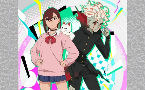 HD anime wallpaper featuring Momo Ayase and Turbo Granny from Dandadan, with a vibrant, dynamic background and energetic character poses.