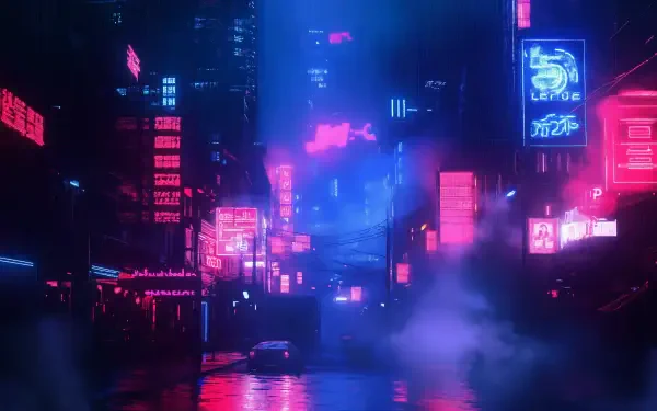 A stunning neon noir scene featuring vibrant pink and blue lights illuminating a foggy urban street, captured in 4K Ultra HD, perfect for any desktop wallpaper.
