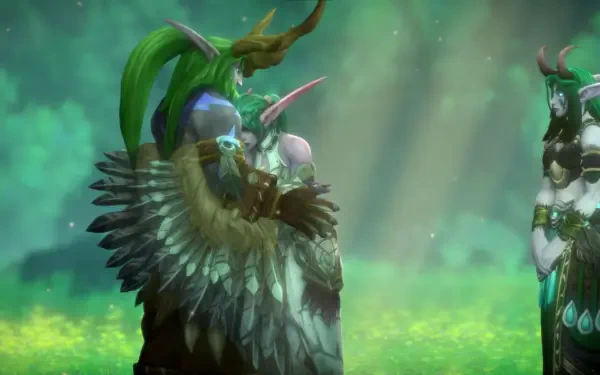 Malfurion Stormrage stands in a lush, vibrant setting from the video game World of Warcraft: The War Within, surrounded by ethereal light and nature. HD PC desktop wallpaper background.