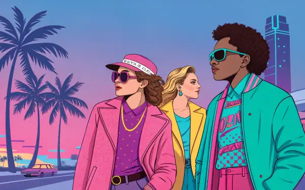 A vibrant 4K Ultra HD wallpaper featuring three stylish friends in retro attire, set against a sunset backdrop with palm trees. Perfect for a festive and fun desktop background.